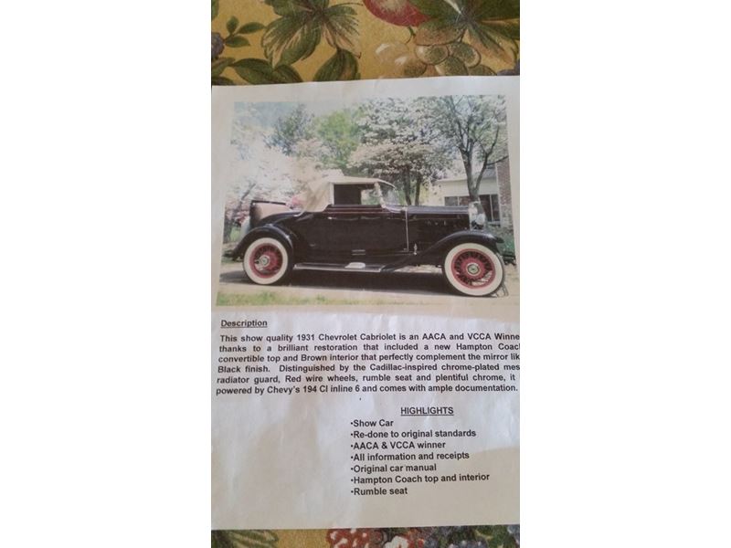 1931 Chevrolet Cabriolet for sale by owner in Morgantown