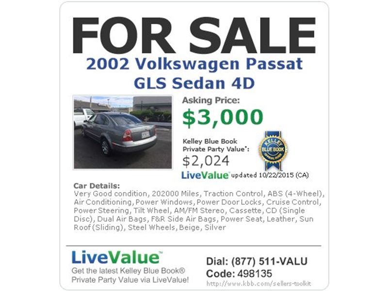 2002 Volkswagen Passat for sale by owner in SUNNYVALE
