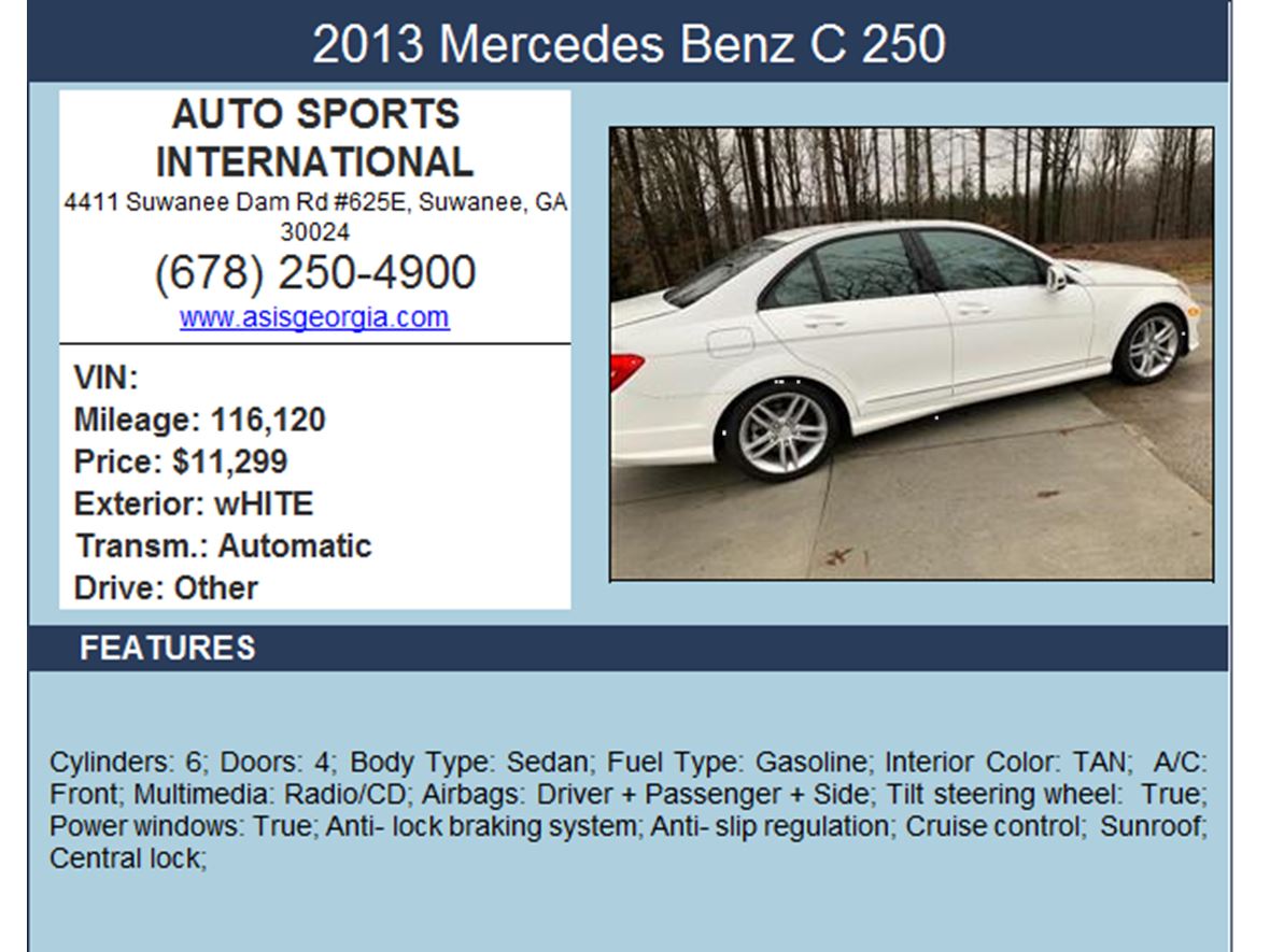 2013 Mercedes-Benz C-Class for sale by owner in Suwanee