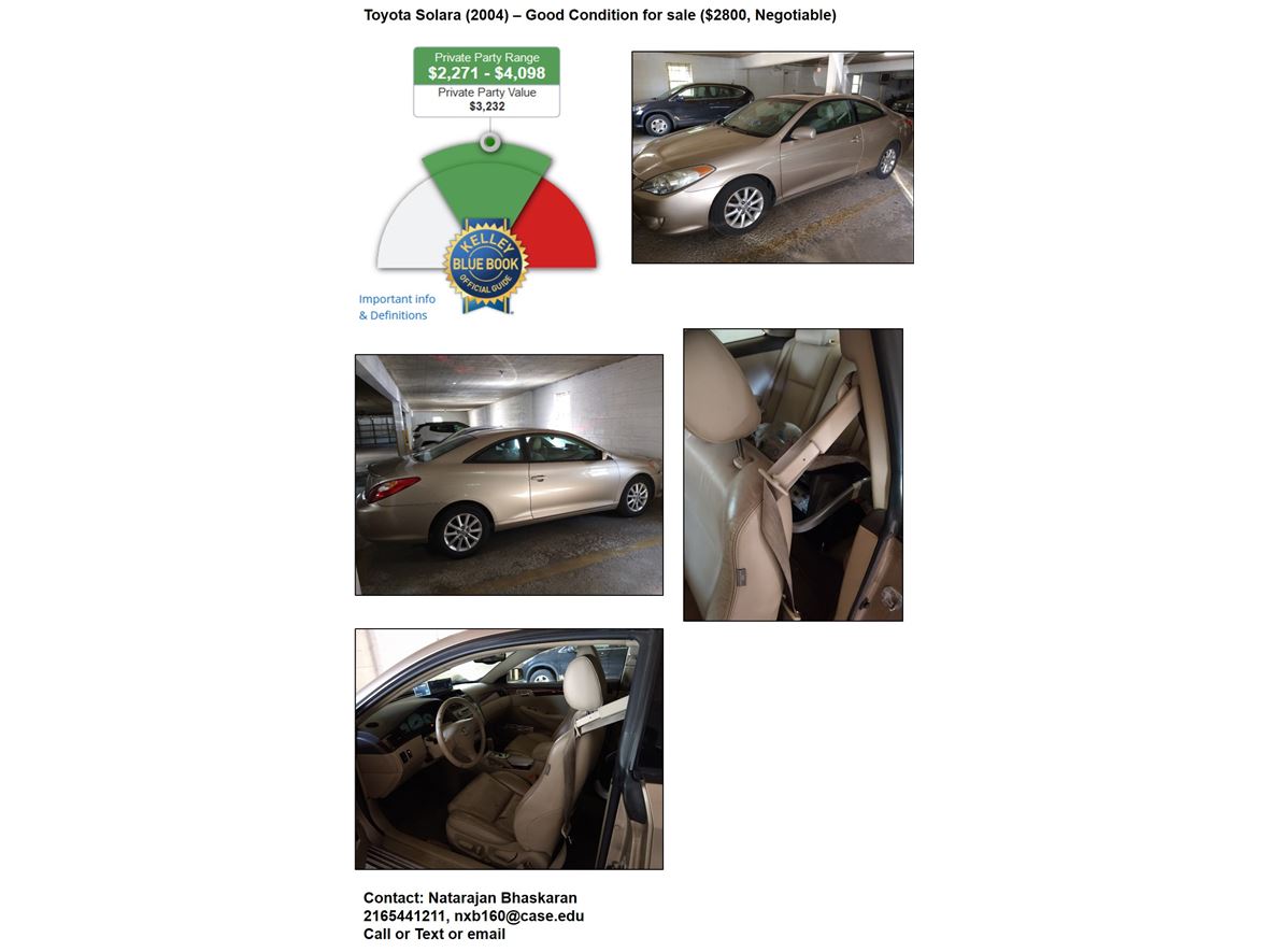 2004 Toyota Camry Solara for sale by owner in Cleveland